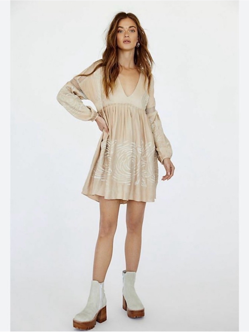 Free People Starlight Embroidered Bell-Sleeve Mini champagne + silver metallic